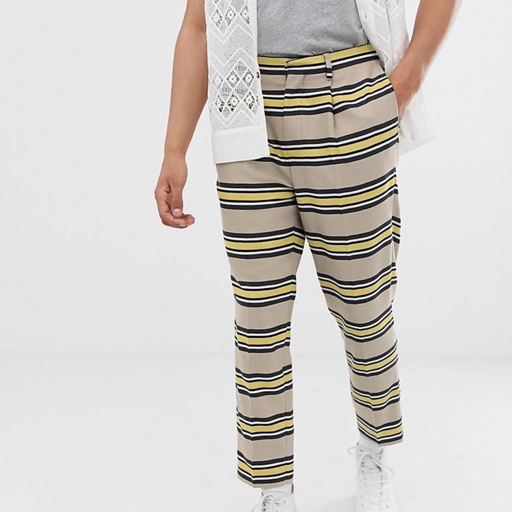 ASOS DESIGN tapered crop smart pants in stone horizontal stripe
